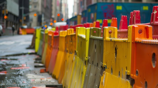 A sea of brightly colored barriers in shades of yellow green and red separates the construction site from the busy street photo