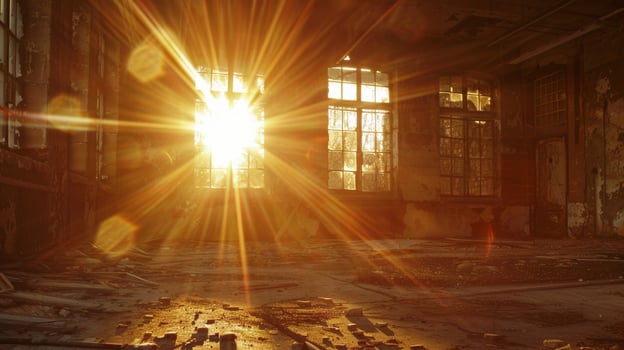 Golden light spills through the windows of an old abandoned building as the suns crepuscular rays find their way through the cracks and bring life to the forgotten space photo