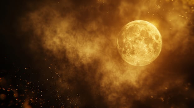 Through a thin layer of clouds the moons halo shines with a golden hue evoking a sense of warmth and comfort photo