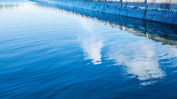 The smooth surface of the hydropower canal reflecting the bright blue sky photo