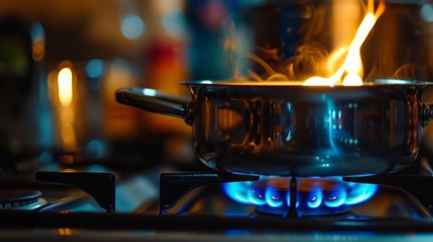 A pot sits atop a gas burner as the flame heats up the contents with precision photo