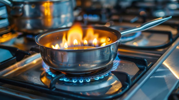 The faint smell of gas mixes with the aroma of cooking food on the stove photo