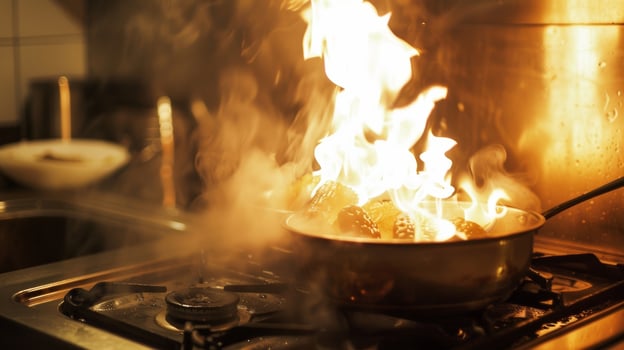 The hiss of gas accompanies the bright flame on a wellused stove top photo