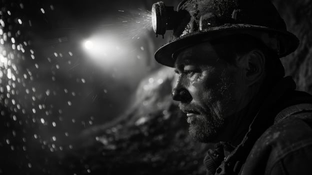 As the coal miner breaks through the tough walls of coal his headlamp captures the shimmering and valuable fragments within photo