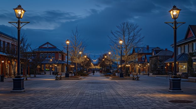 A quaint town square beautifully lit up by traditionalstyle solar streetlights reflecting the modernization of renewable energy photo