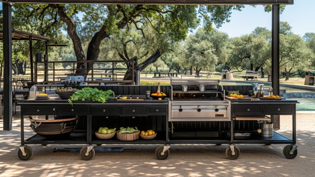 An outdoor kitchen with a grill and a table photo