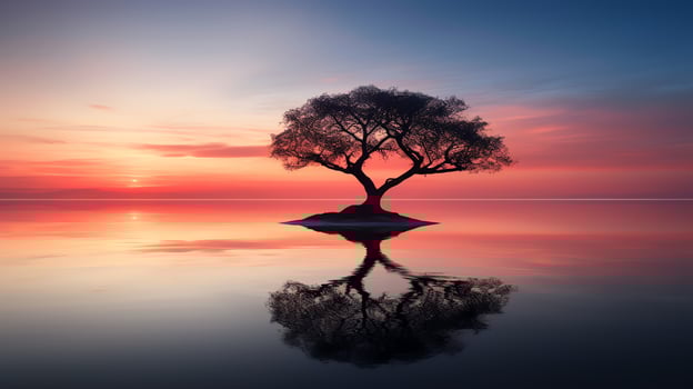A large tree stands alone in the middle of a vast body of water. The sky is a deep orange and the water is a deep blue. The tree is reflected in the water. photo