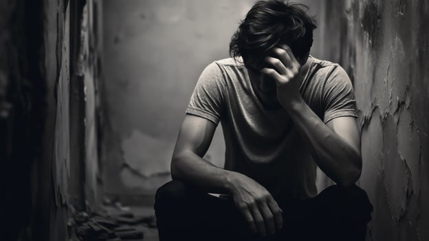 A black and white photo of a man sitting in a dark hallway, holding his head in his hands. He is wearing a t-shirt and jeans. The hallway is dark and grungy.