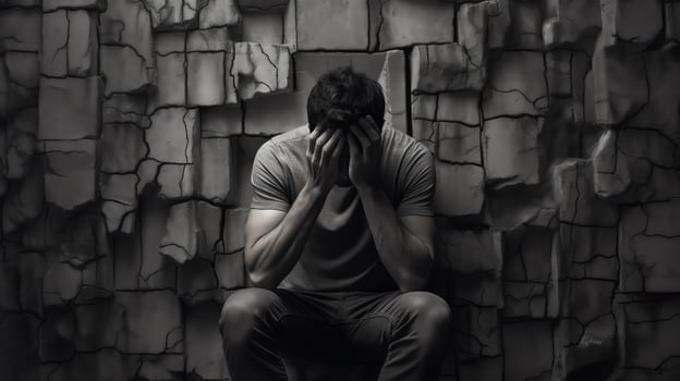 A man is sitting in front of a stone wall, his hands covering his face photo