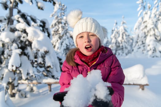 A Sweet Girl's Playful Adventure in the Sun-Kissed Snowy Mountains. photo