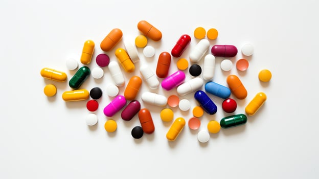 An array of various colorful pills scattered on a white background, symbolizing diversity in medication and healthcare options. photo