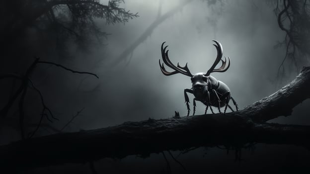 A dark and mysterious forest with a large, glowing beetle on a branch. photo