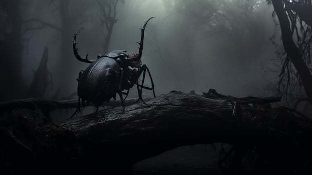 A dark, atmospheric shot capturing a stag beetle on a broken branch, with fog surrounding it, using the rule of thirds and high contrast for a sinister cinematic look. photo