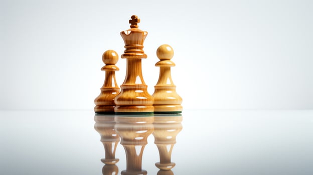 Single chess piece, the Queen, carved from wood, isolated on a reflective white surface, symbolizing strategy. photo