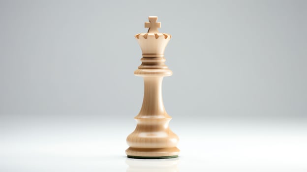 Single chess piece, the Queen, carved from wood, isolated on a reflective white surface, symbolizing strategy. photo