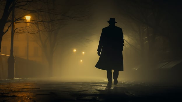 A dark and mysterious figure walking down a foggy street photo