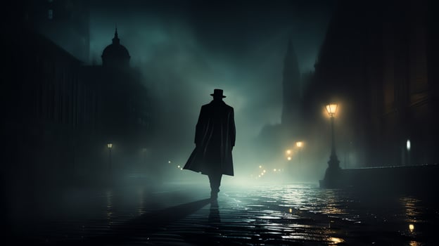 A dark and mysterious figure walking down a wet city street at night photo