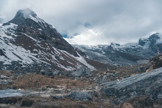 snow covered mountains, landscape with clouds and mountain, annapurna base camp, mountain in nepal, ABC trek photo