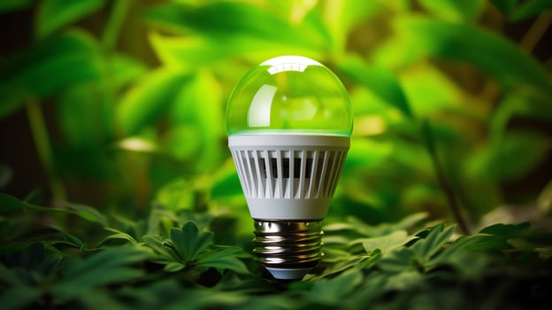 A light bulb surrounded by green leaves photo