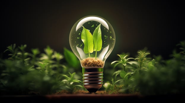 A light bulb with a plant growing inside it. The light bulb is glowing and the plant is green and healthy. The image is set against a dark background. photo