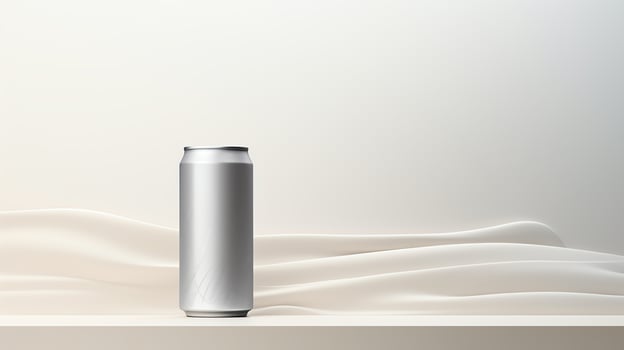 Create a photorealistic image of a single silver aluminum can on a solid white table with a soft, off-white background photo
