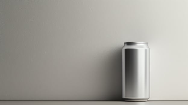 A sleek silver can stands on a white table against a plain white background. The can is in the center of the frame. photo
