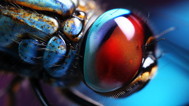 An extreme close up of the compound eye of a dragonfly, showing the intricate details of the facets and the colors they produce. photo