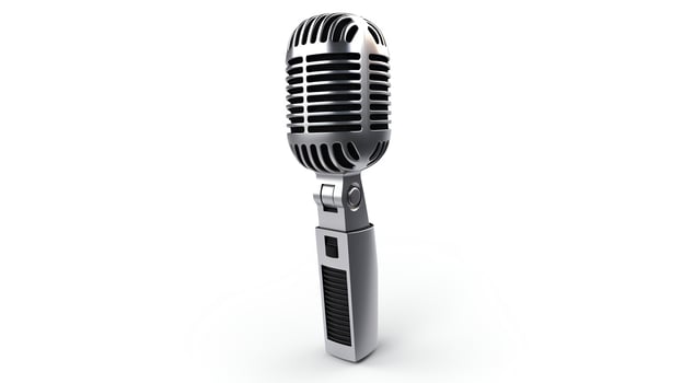 High-definition 3D render of a classic dynamic microphone, featuring a sleek metallic finish and professional design, isolated on a white background for audio equipment marketing. photo