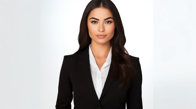Professional stock image of a young businesswoman posing confidently, dressed in formal attire against an isolated white backdrop, perfect for corporate branding. photo