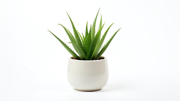 High-resolution image of a small Aloe Vera plant in a simple pot, its vibrant green leaves radiating outwards, set against a stark white background to highlight its medicinal and c photo