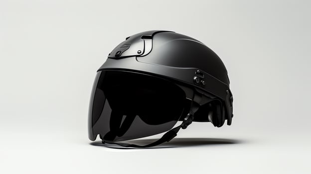 Minimalist photo of a lightweight military helmet designed for advanced warfare, prominently featured on a white background to emphasize its sleek, modern design.