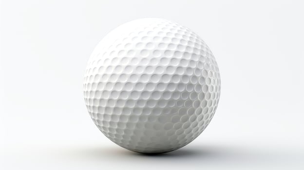 Minimalist image of a single golf ball with distinct dimples, centered and sharply focused, isolated on a pure white background, ideal for sports equipment advertising. photo