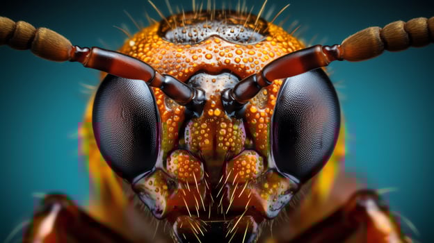 An extreme close up of a wasp's face, showing the compound eyes, antennae, and mouthparts. The wasp is perched on a blue surface. photo