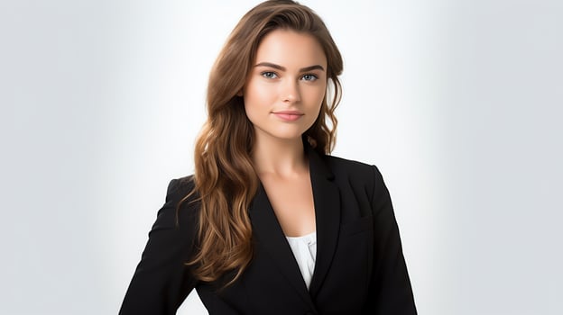 Professional stock image of a young businesswoman posing confidently, dressed in formal attire against an isolated white backdrop, perfect for corporate branding. photo
