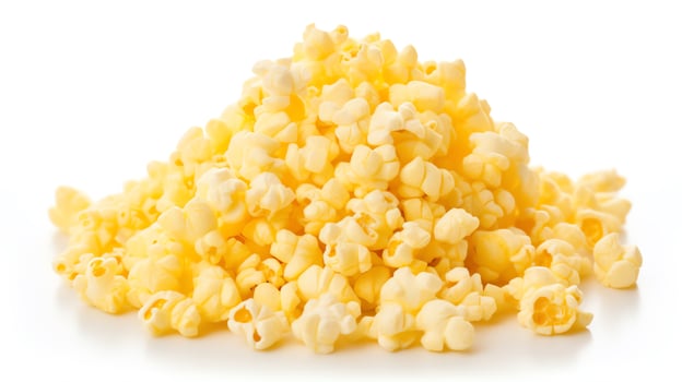 Detailed image of a small pile of buttery popcorn, glistening with a light coating of salt, grouped together and isolated against a stark white background to emphasize its deliciou photo