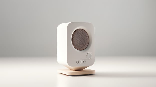 Minimalist image of a small desktop loudspeaker, designed for computer setups, showing subtle design elements and smooth contours, isolated on a white background for tech product c photo