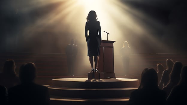 Dynamic image of a businesswoman making a bold presentation to skeptical executives, emphasizing courage and the challenge of winning over an audience. photo
