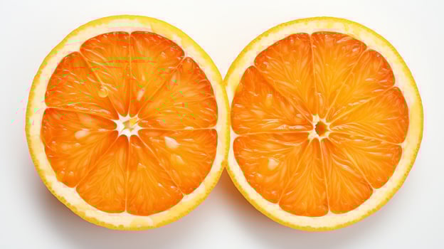 High-definition photo of an orange cut in half, displaying the juicy interior and detailed texture of the pulp, set against a pure white backdrop for a clean, appealing look.