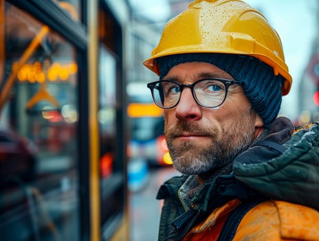 A man in a work helmet against the background of public transport photo