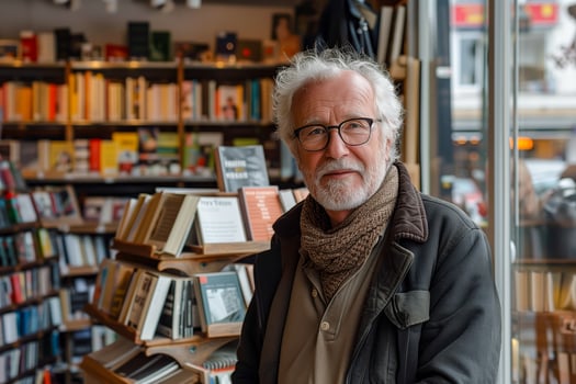An older man in a bookstore photo