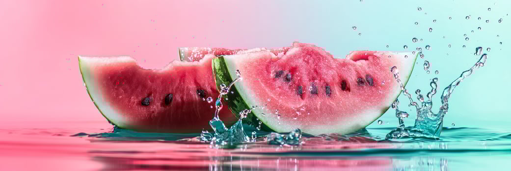 Watermelon juice splash on a pink to green gradient background, summer vibes photo