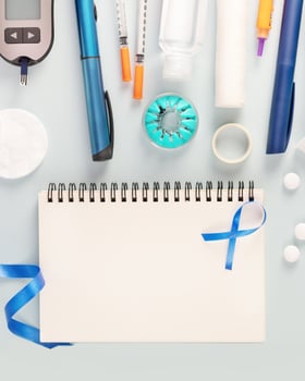 Diabetic composition with diabetes control tools and notebook photo