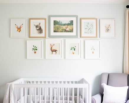 Nursery gallery wall, home decor and wall art, framed art in the English country cottage interior, room for diy printable artwork mockup and print shop photo
