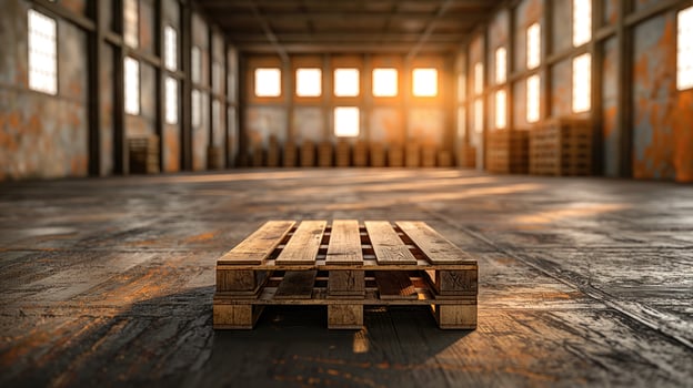 Wooden pallet stacked in empty warehouse photo