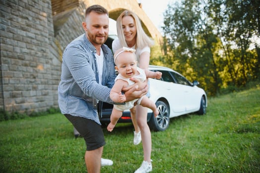 Portrait of happy family. Vacation, Travel - family ready for the travel for summer vacation. suitcases and car route. photo