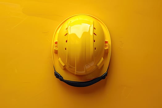 closeup of yellow construction safety helmet on yellow background top view photo