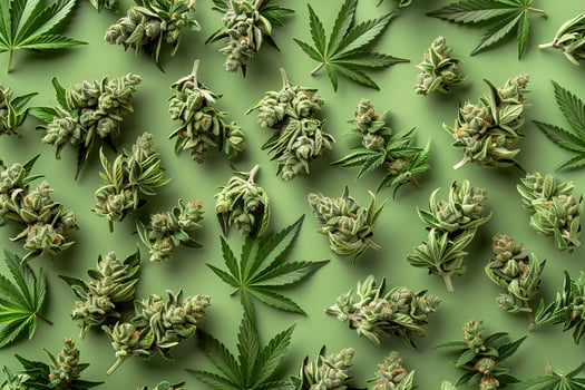 top view cannabis marijuana buds and leaves on a green background with hard bright light photo