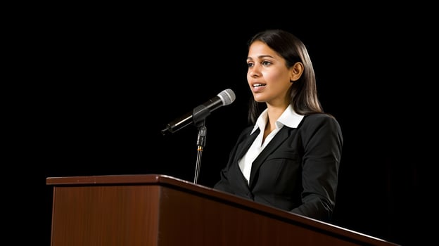 An Indian female executive presenting at a conference photo