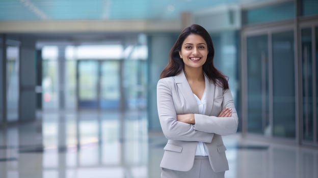 A smiling young Indian businesswoman in a light grey suit stands with her arms crossed in a modern office building photo