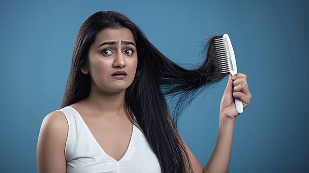 A concerned Indian woman holds a hairbrush watching her falling black hair. Hair loss, Worried expression, Beauty care photo